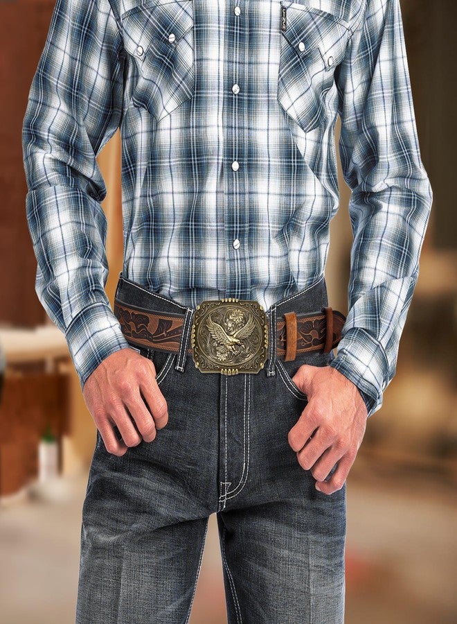 BISON DENIM Men's Western cowboy belt Classic Double embossed leather belts with Printed Engraved Buckle - Image 2