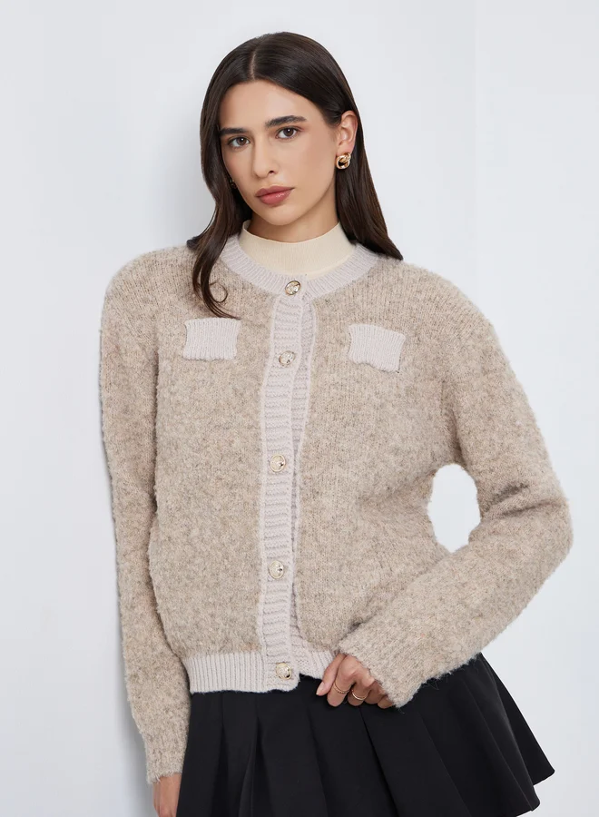 Styli Styli Beige Regular Fit Mixed Yarn Cardigan