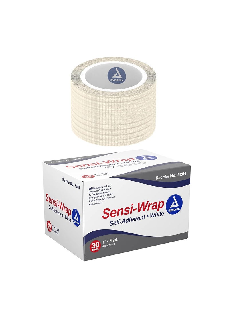 Dynarex Dynarex 3281 Sensi-Wrap Self-Adherent Bandage Roll, White, 1" x 5 Yard Size, 180" Length, 1" Width, Pack of 30 