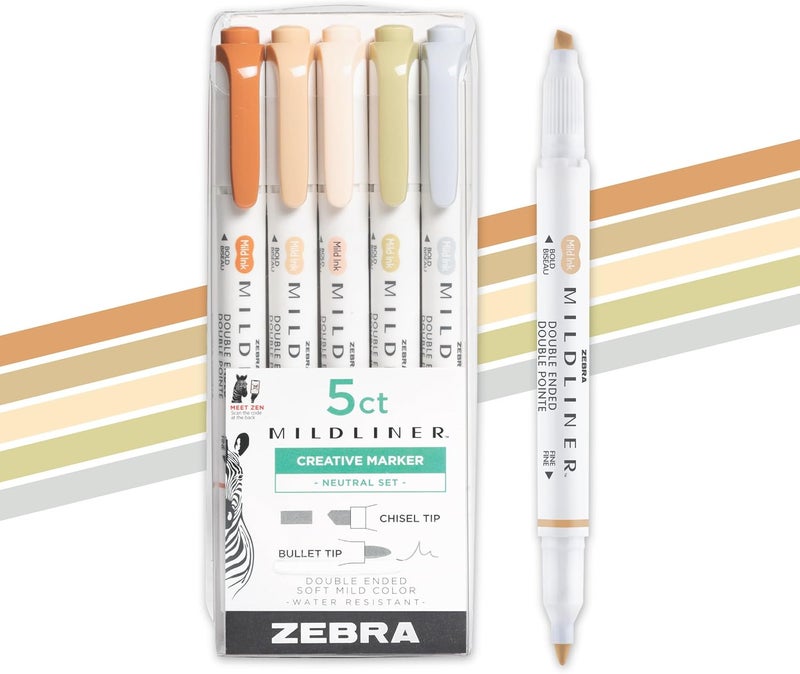 Zebra Pen Mildliner Dual-Tip Highlighter Set, Broad and Fine Tips, No Bleed, Ideal for Bible Highlighting, Giftable Art Supplies and Teacher Gifts, Assorted Neutral Vintage Ink Colors, 5-Pack (78605) - Image 1
