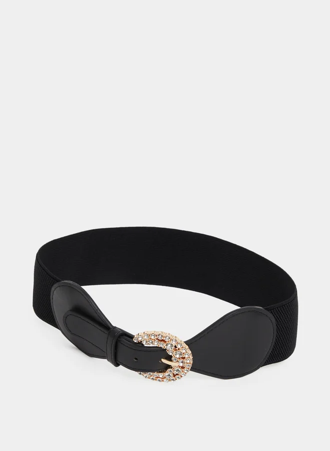 Styli Styli Black Elastic Belt with Embellished Buckle