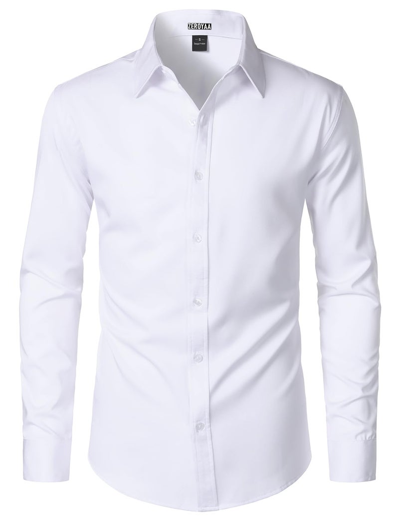 ZEROYAA Men's Wrinkle Free Long Sleeve Dress Shirt Business Casual Stretch Modern Slim Fit Button Down Shirts for Wedding and Office White Large - Image 1