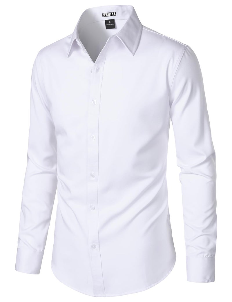 ZEROYAA Men's Wrinkle Free Long Sleeve Dress Shirt Business Casual Stretch Modern Slim Fit Button Down Shirts for Wedding and Office White Large - Image 2