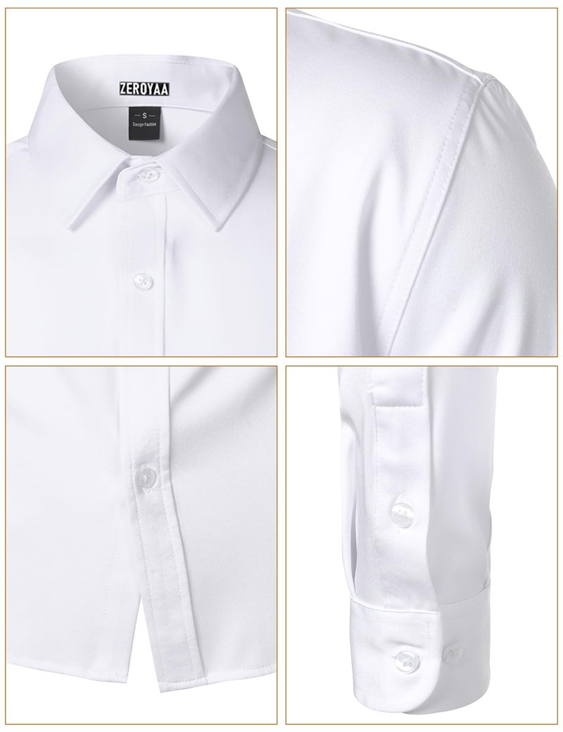 ZEROYAA Men's Wrinkle Free Long Sleeve Dress Shirt Business Casual Stretch Modern Slim Fit Button Down Shirts for Wedding and Office White Large - Image 5