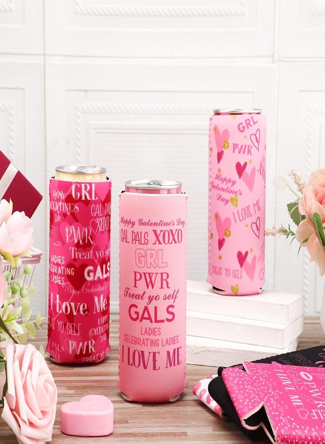 Layhit 12 Pcs Happy Galentine's Day Slim Can Cooler Celebrating Galentine's Day Beverage Covers for 12oz Tall Skinny Cans Insulated Drink Bottle Sleeves Washable for Girls Gathering Party Supplies - Image 3