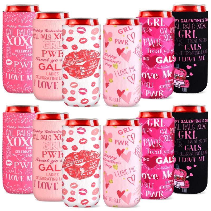 Layhit 12 Pcs Happy Galentine's Day Slim Can Cooler Celebrating Galentine's Day Beverage Covers for 12oz Tall Skinny Cans Insulated Drink Bottle Sleeves Washable for Girls Gathering Party Supplies - Image 1