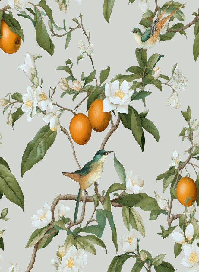 Laatse Beige Floral Wallpaper Peel and Stick, Orange/Green Bird Botanical Contact Paper 17.5in x 393.7in, Self Adhesive Waterproof Removable Vintage Wall Paper Mural for Shelves Cabinet Table Drawer Decor - Image 1