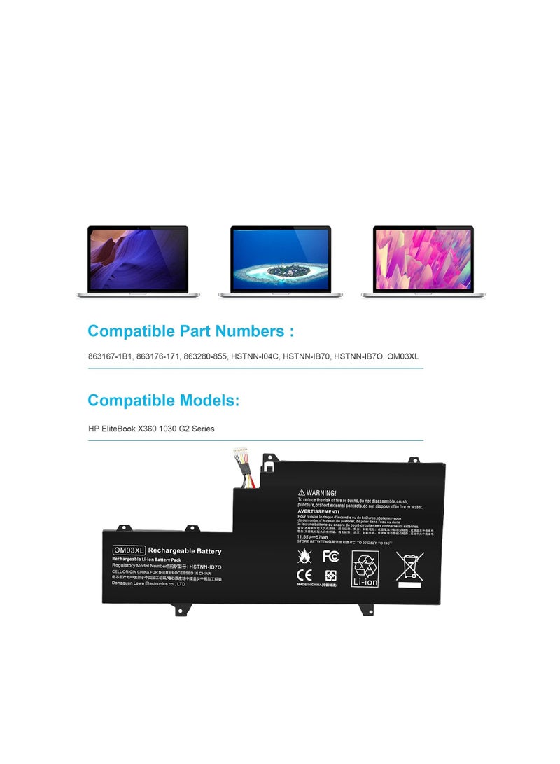 Terabyte بطارية لابتوب OM03XL لجهاز HP EliteBook X360 1030 G2 بحجم 13.3 بوصة سلسلة OMO3XL HSTNN-IB7O 863167-171 863280-855 863167-1B1 HSN-I04C HSTNN-IB70 11.55V 57Wh 3 خلايا - Image 2
