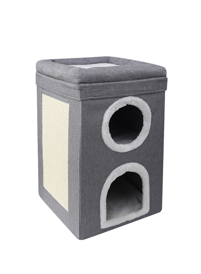 Arabest بيت قطط للقطط الداخلية، نفق سرير قطط، 3 طبقات من أسرّة قطط مغطاة وأثاث مع وسادة خدش وخيمة مخفية، سرير قطط كبير مغلق لعائلة متعددة القطط، 40X40X62CM، رمادي - Image 1