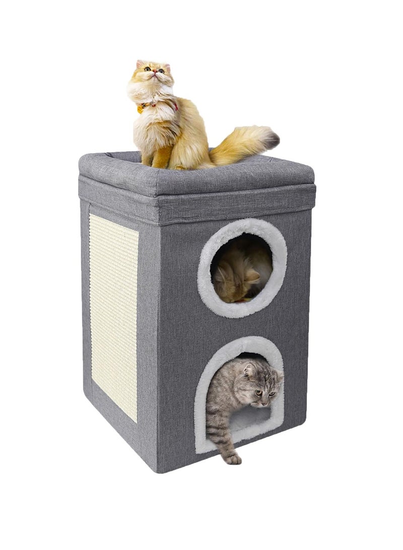 Arabest بيت قطط للقطط الداخلية، نفق سرير قطط، 3 طبقات من أسرّة قطط مغطاة وأثاث مع وسادة خدش وخيمة مخفية، سرير قطط كبير مغلق لعائلة متعددة القطط، 40X40X62CM، رمادي - Image 2