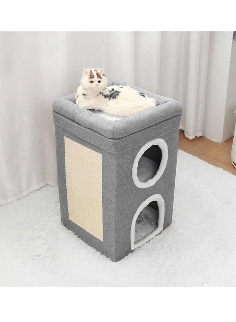 Arabest بيت قطط للقطط الداخلية، نفق سرير قطط، 3 طبقات من أسرّة قطط مغطاة وأثاث مع وسادة خدش وخيمة مخفية، سرير قطط كبير مغلق لعائلة متعددة القطط، 40X40X62CM، رمادي - Image 3