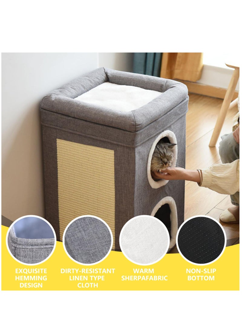 Arabest بيت قطط للقطط الداخلية، نفق سرير قطط، 3 طبقات من أسرّة قطط مغطاة وأثاث مع وسادة خدش وخيمة مخفية، سرير قطط كبير مغلق لعائلة متعددة القطط، 40X40X62CM، رمادي - Image 5
