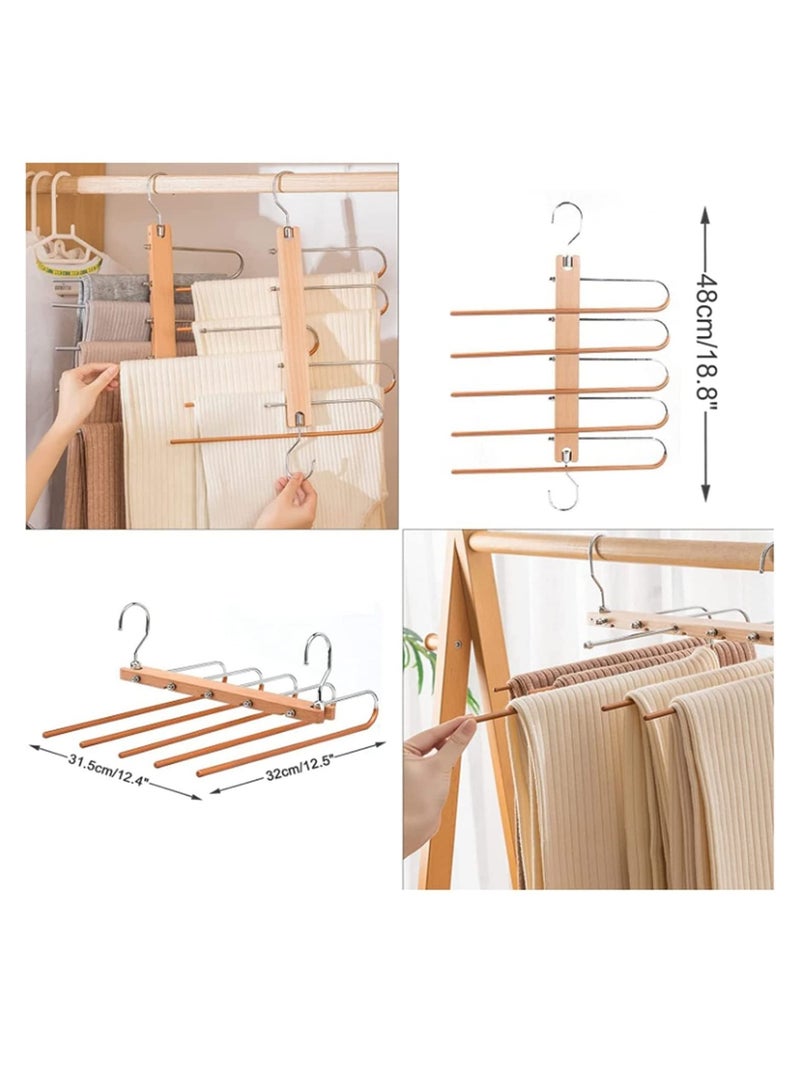 MahMir MahMir Magic Pants Hangers Space Saving Closet Hangers 5 Layers Multi Functional Pants Rack Solid Metal & Wood Heavy Duty Wardrobe Organizer Racks for Clothes Trousers Scarves Ties 2Pack Natural  - Image 2