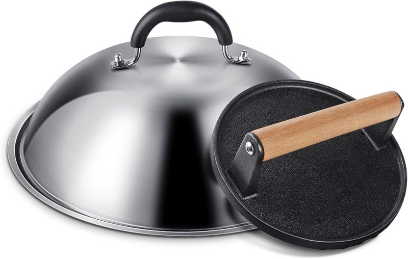 EWFEN Griddle Accessories for Blackstone, Commercial Grade 12 Inch Heavy Duty Round Melting Dome with 7" Round Cast Iron Grill Burger Bacon Press, Perfect for Blackstone Camp Chef Flat Top Griddle Grill - Image 1