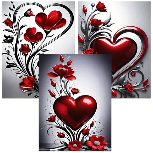 mrpwnle 3 Pack Diamond Art Kits for Adults, Valentines Day Heart Flowers Diamond Painting Kits, 5D Diamonds Painting, DIY Full Drill Gem Art Crafts Kit Home Wall Decor Gifts 11.8x15.7 inch - Image 1