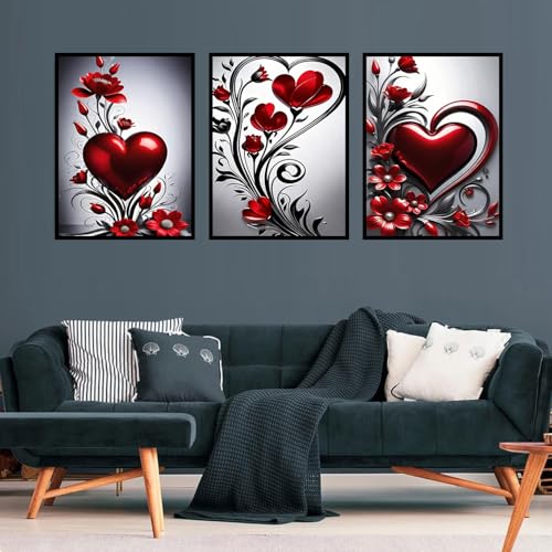 mrpwnle 3 Pack Diamond Art Kits for Adults, Valentines Day Heart Flowers Diamond Painting Kits, 5D Diamonds Painting, DIY Full Drill Gem Art Crafts Kit Home Wall Decor Gifts 11.8x15.7 inch - Image 2