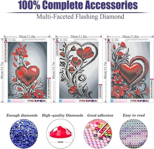 mrpwnle 3 Pack Diamond Art Kits for Adults, Valentines Day Heart Flowers Diamond Painting Kits, 5D Diamonds Painting, DIY Full Drill Gem Art Crafts Kit Home Wall Decor Gifts 11.8x15.7 inch - Image 4