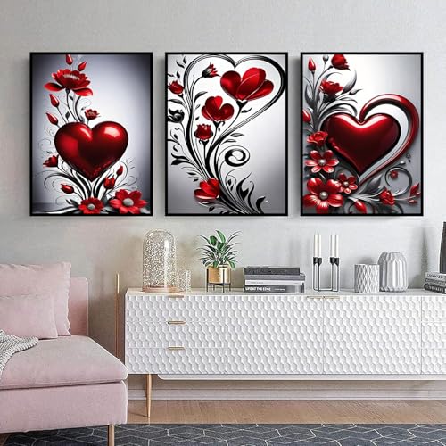 mrpwnle 3 Pack Diamond Art Kits for Adults, Valentines Day Heart Flowers Diamond Painting Kits, 5D Diamonds Painting, DIY Full Drill Gem Art Crafts Kit Home Wall Decor Gifts 11.8x15.7 inch - Image 3