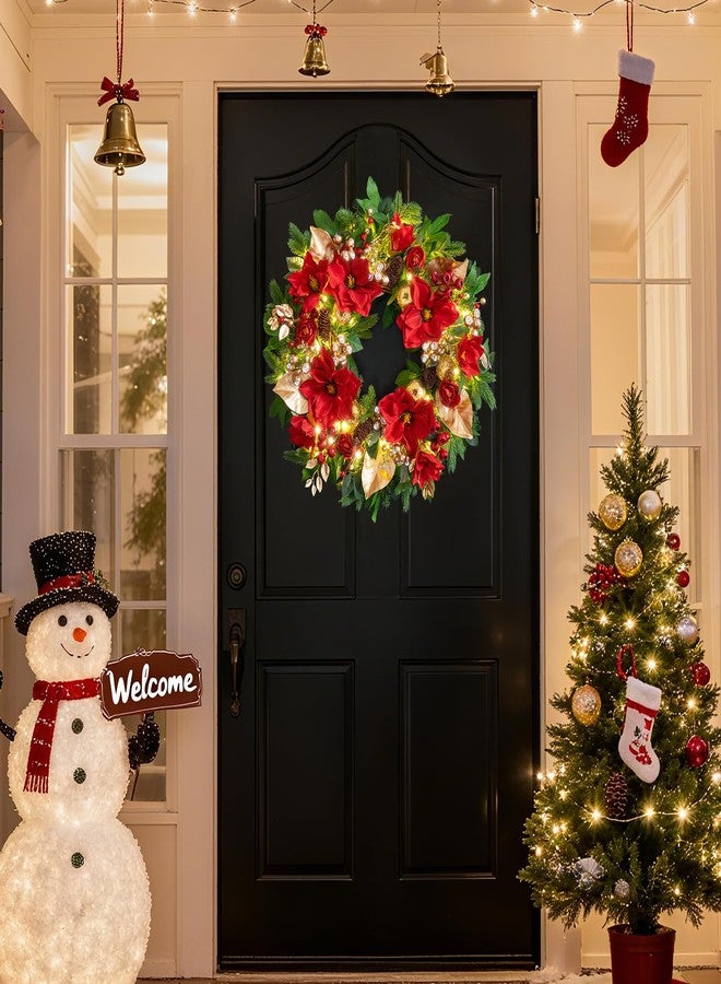 PureCosy 24 Inch Magnolia Christmas Wreath for Front Door, Christmas Wreath with LED Lights, Red Flowers, Red Berries, Pinecones Christmas Decorations，Winter Door Wreath for Wall Window Indoor or Outdoor - Image 2
