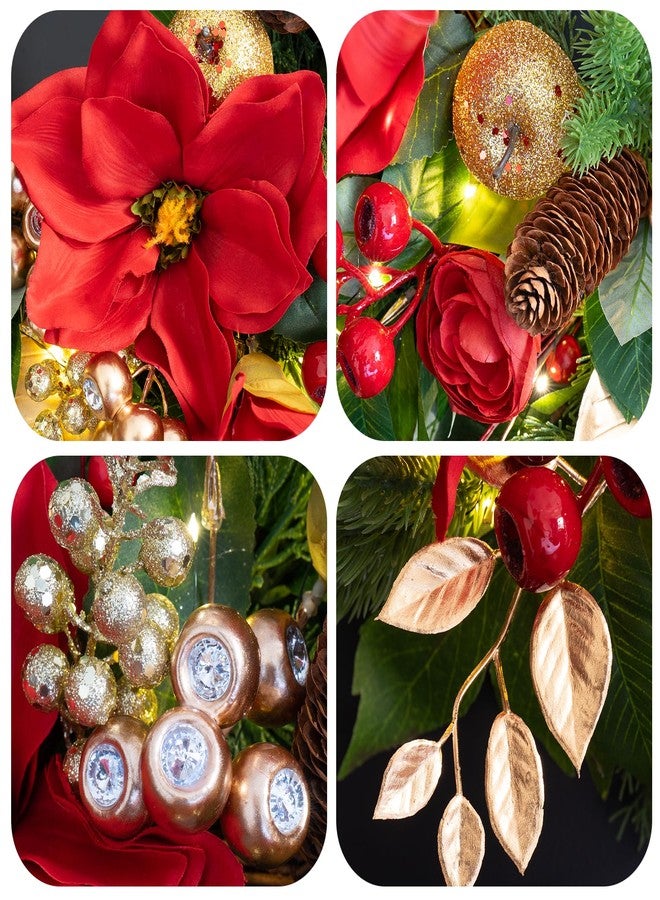 PureCosy 24 Inch Magnolia Christmas Wreath for Front Door, Christmas Wreath with LED Lights, Red Flowers, Red Berries, Pinecones Christmas Decorations，Winter Door Wreath for Wall Window Indoor or Outdoor - Image 4