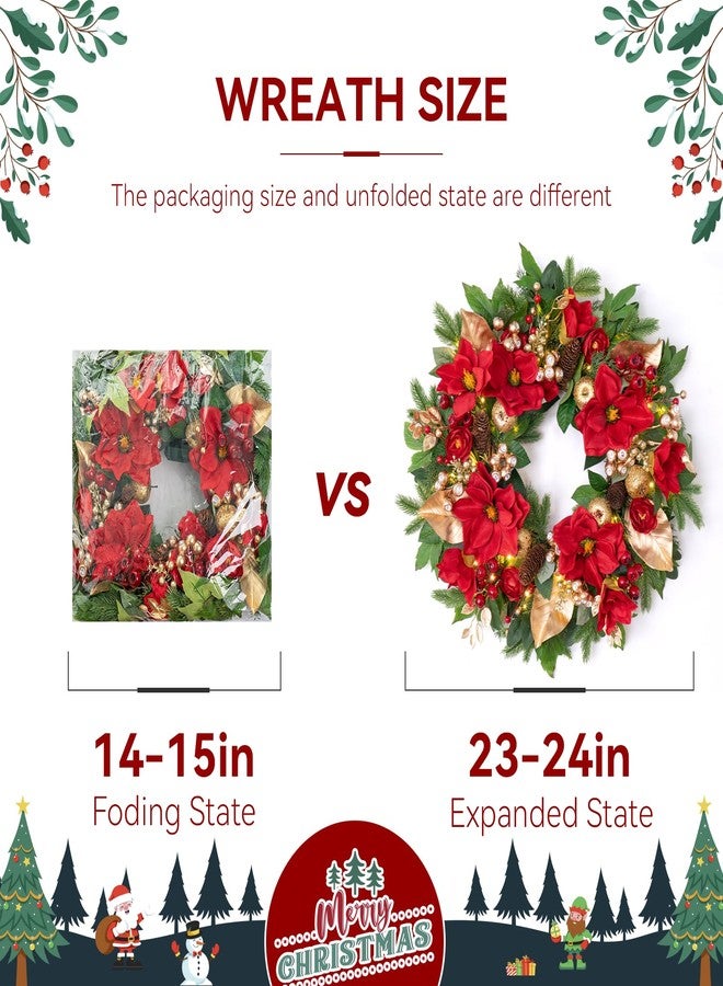 PureCosy 24 Inch Magnolia Christmas Wreath for Front Door, Christmas Wreath with LED Lights, Red Flowers, Red Berries, Pinecones Christmas Decorations，Winter Door Wreath for Wall Window Indoor or Outdoor - Image 5