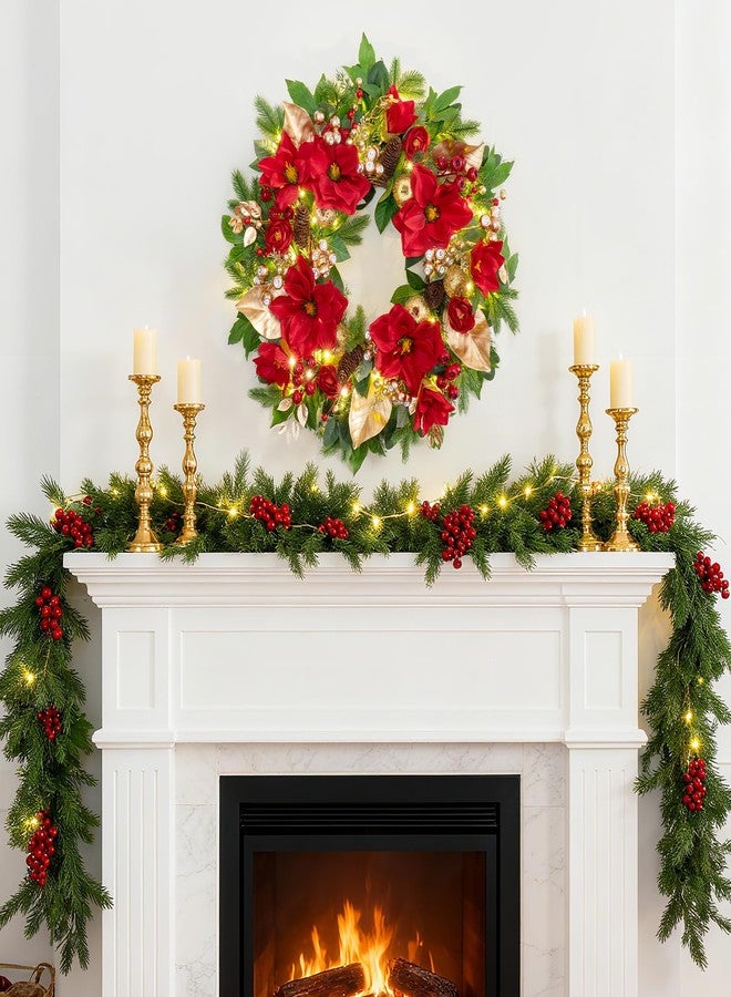 PureCosy 24 Inch Magnolia Christmas Wreath for Front Door, Christmas Wreath with LED Lights, Red Flowers, Red Berries, Pinecones Christmas Decorations，Winter Door Wreath for Wall Window Indoor or Outdoor - Image 3