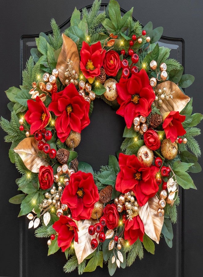 PureCosy 24 Inch Magnolia Christmas Wreath for Front Door, Christmas Wreath with LED Lights, Red Flowers, Red Berries, Pinecones Christmas Decorations，Winter Door Wreath for Wall Window Indoor or Outdoor - Image 1