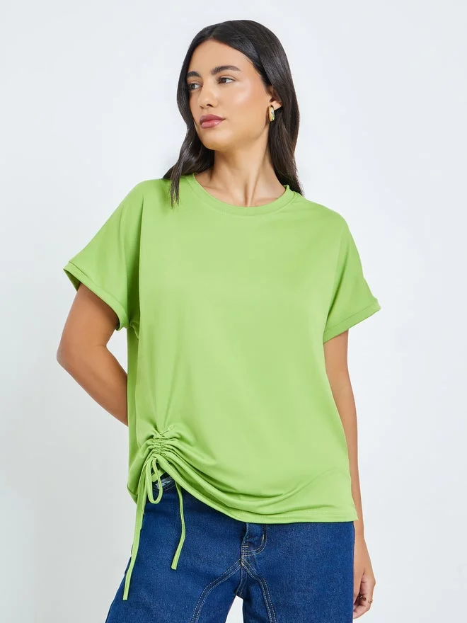 Styli Styli Green Ruched Detail Round Neck T-Shirt