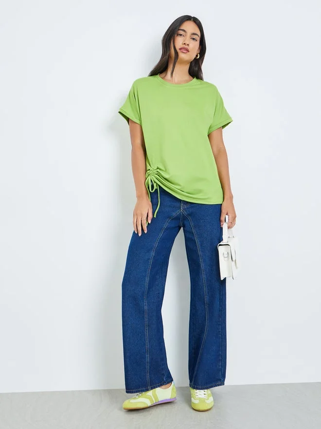 Styli Styli Green Ruched Detail Round Neck T-Shirt