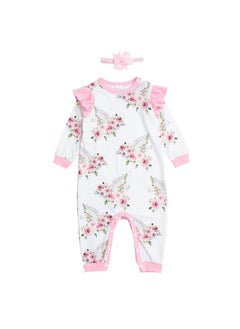 Hopscotch Hopscotch Girls Full-Sleeve Floral Print Bodysuit With Headband In White Color for Ages 0-3 Months  - Image 1
