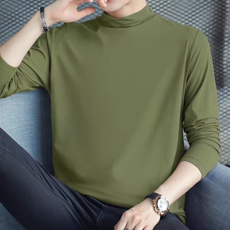 Autumn long-sleeved t-shirt men's solid color autumn clothes pure cotton modal half-turtleneck trendy Korean version thin mid-neck base shirt - Image 1