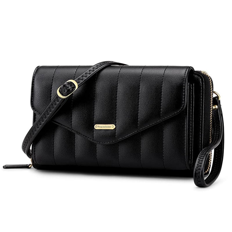 Peacocktion Quilted RFID Crossbody Purses for Women, Leather Travel Wallet Womens, Clutch with Phone Pocket Zipper Black - Image 1