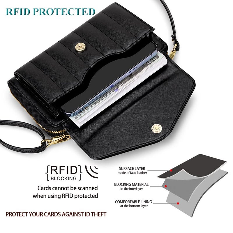 Peacocktion Quilted RFID Crossbody Purses for Women, Leather Travel Wallet Womens, Clutch with Phone Pocket Zipper Black - Image 5