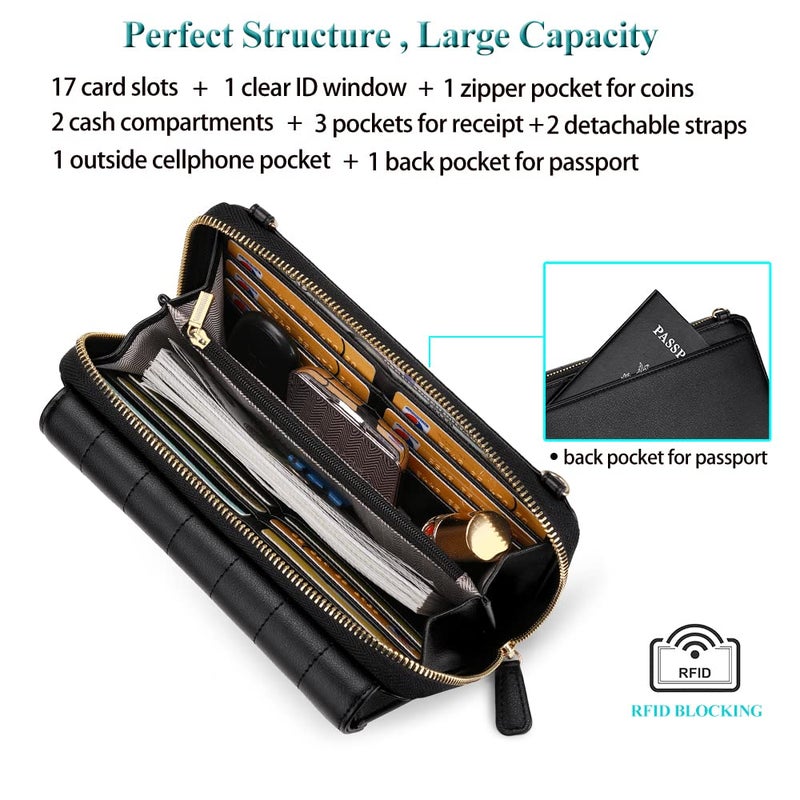 Peacocktion Quilted RFID Crossbody Purses for Women, Leather Travel Wallet Womens, Clutch with Phone Pocket Zipper Black - Image 4