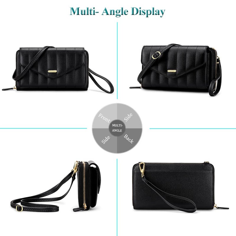 Peacocktion Quilted RFID Crossbody Purses for Women, Leather Travel Wallet Womens, Clutch with Phone Pocket Zipper Black - Image 3