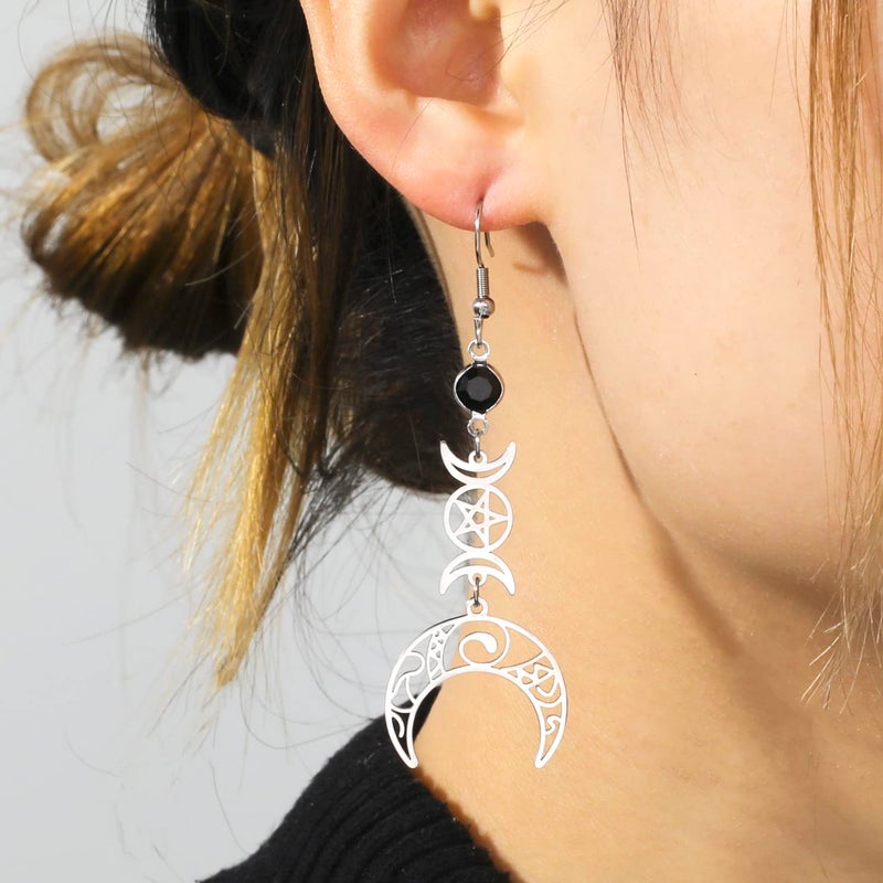 VASSAGO Triple Moon Goddess Earrings Stainless Steel Pentagram Pentacle Pagan Wiccan Magic Amulet Jewelry for Women - Image 2