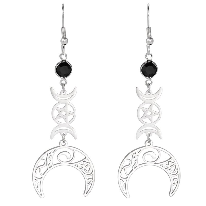 VASSAGO Triple Moon Goddess Earrings Stainless Steel Pentagram Pentacle Pagan Wiccan Magic Amulet Jewelry for Women - Image 1