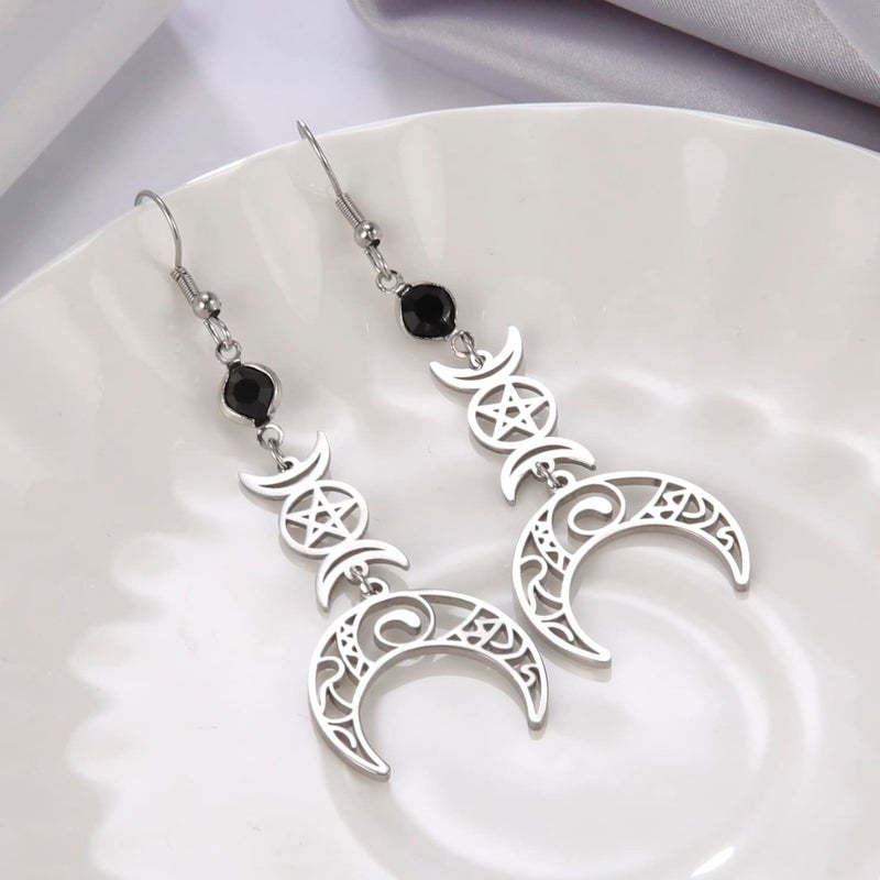 VASSAGO Triple Moon Goddess Earrings Stainless Steel Pentagram Pentacle Pagan Wiccan Magic Amulet Jewelry for Women - Image 4