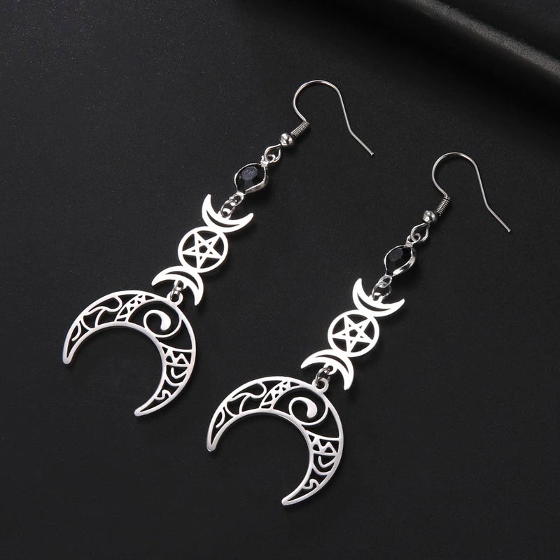 VASSAGO Triple Moon Goddess Earrings Stainless Steel Pentagram Pentacle Pagan Wiccan Magic Amulet Jewelry for Women - Image 5