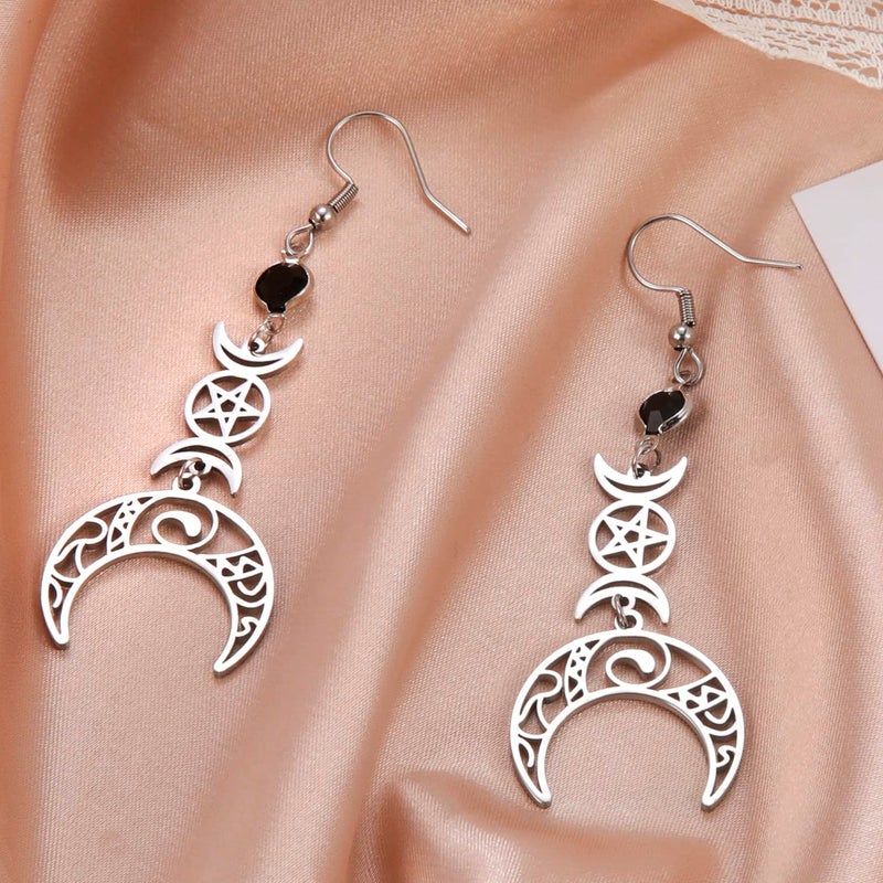 VASSAGO Triple Moon Goddess Earrings Stainless Steel Pentagram Pentacle Pagan Wiccan Magic Amulet Jewelry for Women - Image 3