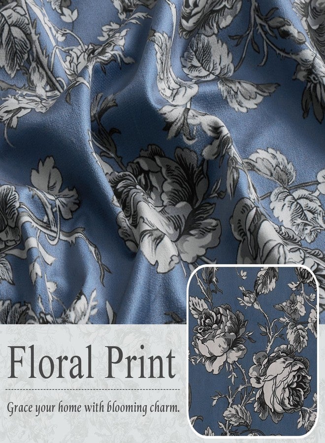 StangH Retro Slate Blue Floral Curtains for Sliding Door, Elegant Rose Pattern Printed On Velvet Drapes Rural Light Filtering Room Divider for Home Office Hallway, W52 x L84, 2 Panels - Image 4