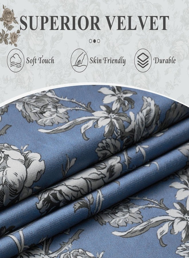 StangH Retro Slate Blue Floral Curtains for Sliding Door, Elegant Rose Pattern Printed On Velvet Drapes Rural Light Filtering Room Divider for Home Office Hallway, W52 x L84, 2 Panels - Image 3