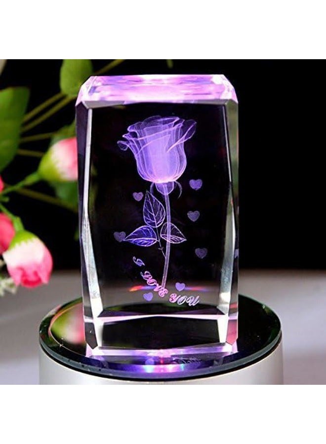 GracesDawn K9 Crystal Material 3D Laser Etched Crystal Rotating Rose -4 led Colorful Lights Can be rotated - Image 2