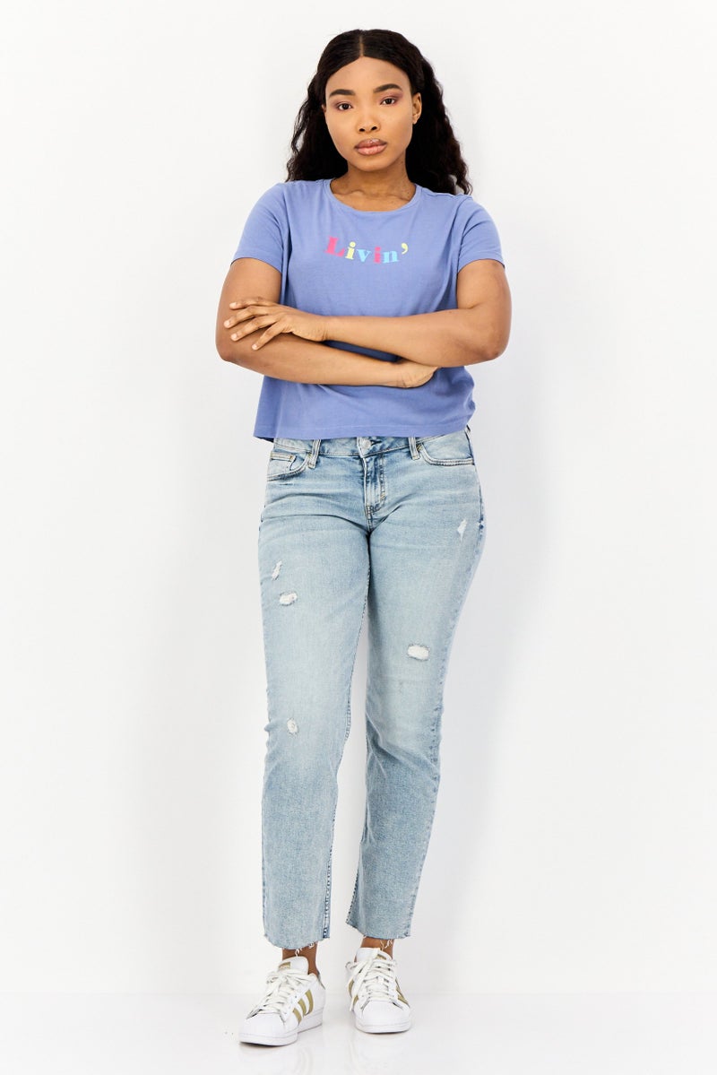 ONLY Women Round Neck Short Sleeves Graphic Print T-Shirts, Slate Blue - Image 4