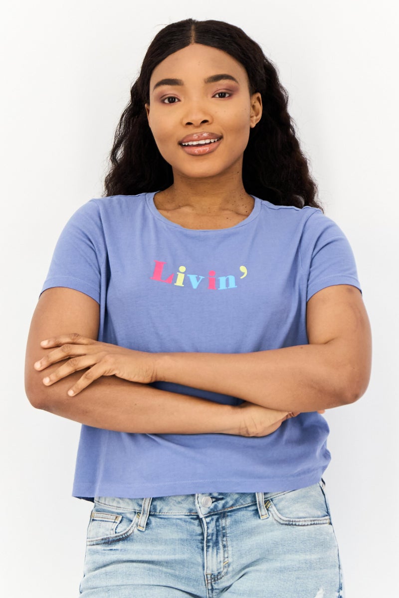 ONLY Women Round Neck Short Sleeves Graphic Print T-Shirts, Slate Blue - Image 1