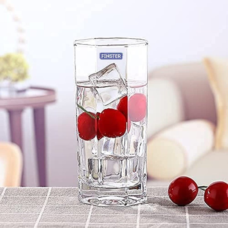 FINSTER Glass Clean JuiceWater Glasses Set of 6 300ml Transparent Stylish Long Glass Tumbler Plaza High Ball Octagonal Glass - Image 3