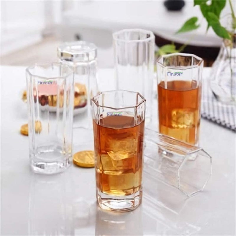 FINSTER Glass Clean JuiceWater Glasses Set of 6 300ml Transparent Stylish Long Glass Tumbler Plaza High Ball Octagonal Glass - Image 5