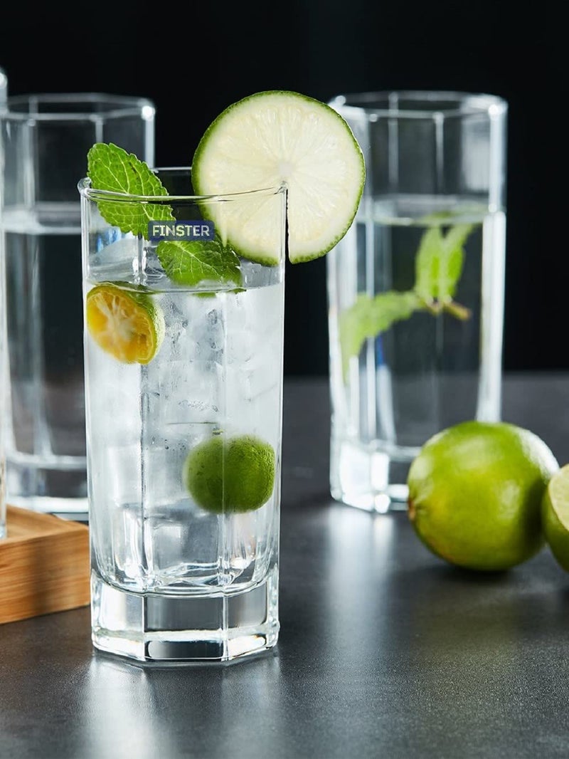 FINSTER Glass Clean JuiceWater Glasses Set of 6 300ml Transparent Stylish Long Glass Tumbler Plaza High Ball Octagonal Glass - Image 1