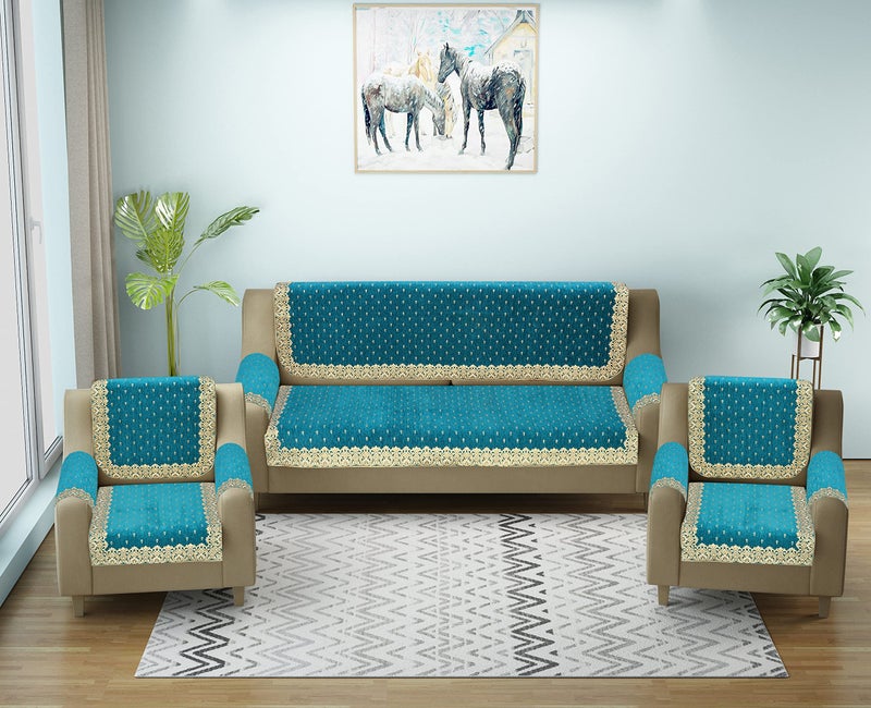 SAWNA HOMES Premium Velvet Sofa Cover Set of 5 Seater -with Arm Covers, 3,1,1 Seater 16 Pieces Sofa Back Slip Panels - Heavy Fabric Sofa Slip Protector with Back Covers, Sky Blue (Pack of 12) - Image 1