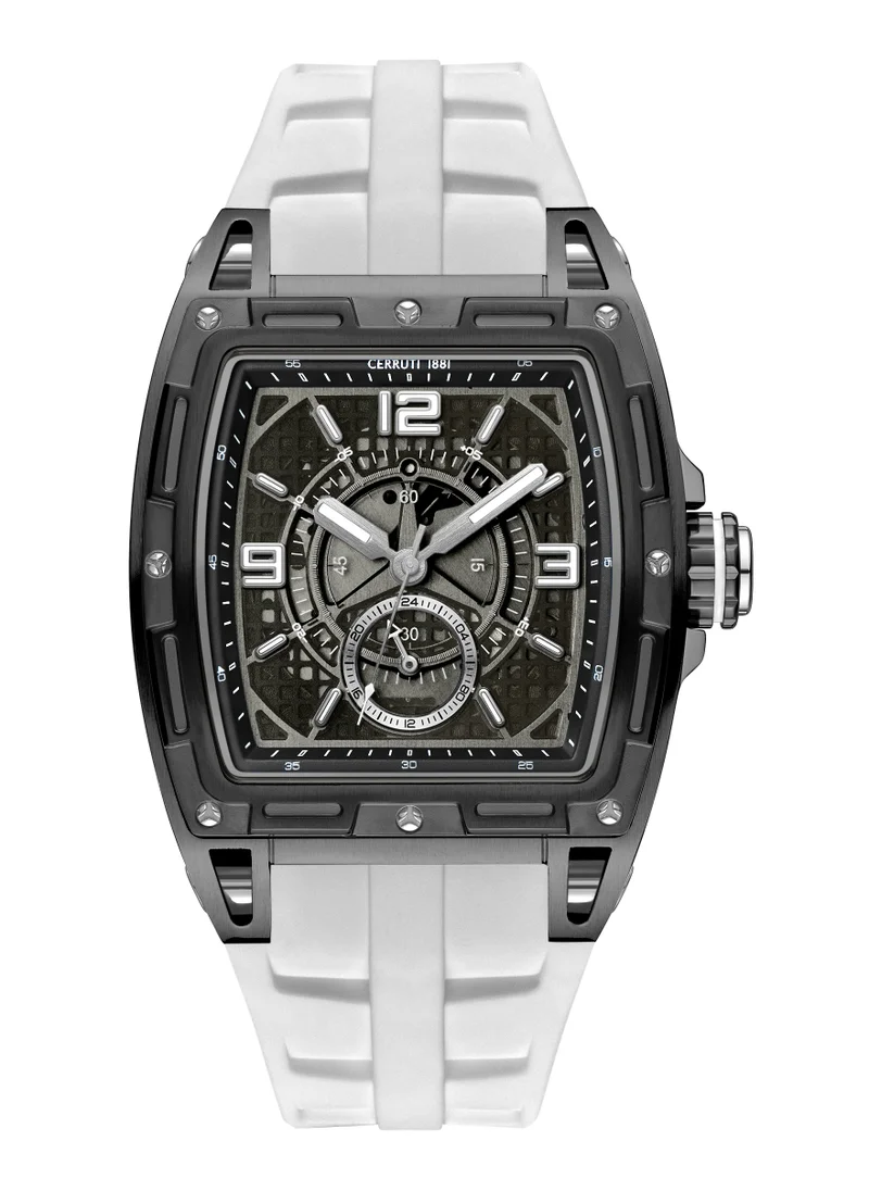 CERRUTI 1881 Belluno Multifunction Watch for Men - Tonneau Case, Black Smoked Transparent Dial, White Silicon Strap